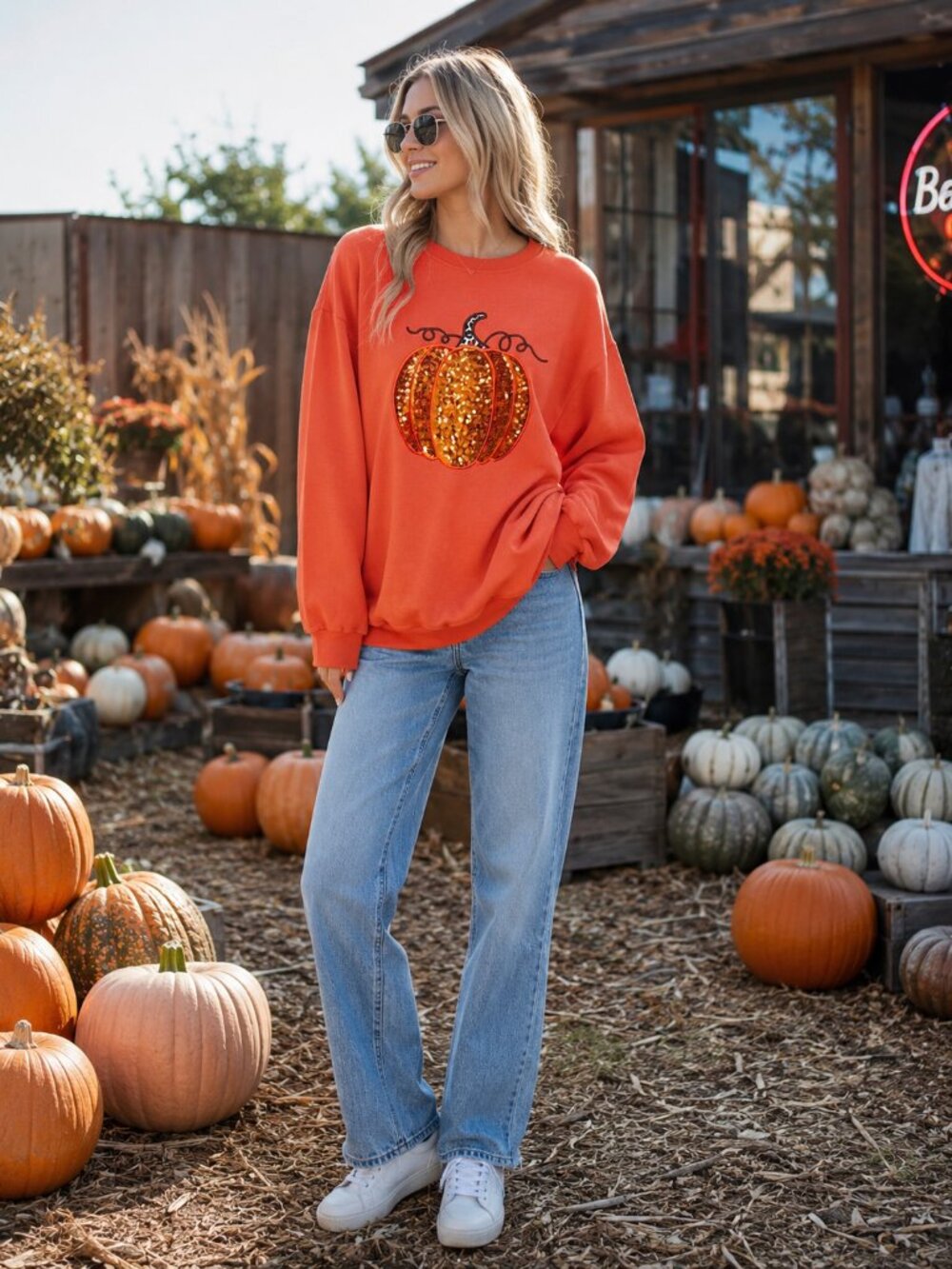 Miss Sparkling Orange Sequin Pumpkin Oversized Sweatshirt Halloween Fall Pullove